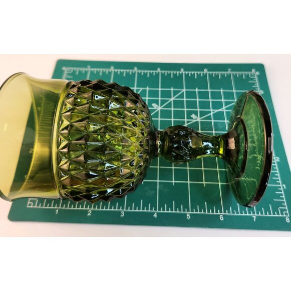 Vintage Green Glass Water Goblet Set Of 2 With Diamond Pattern Elegant Stemware - Picture 8 of 10